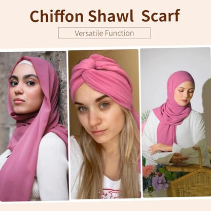 Chiffon Scarf for Women Lightweight Breathable Sunscreen Soft Solid Hijab Scarf for Daily & Muslim Wear - color: Rose Pink Chiffon Scarf