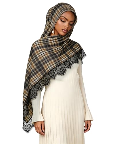 JUMISEE Elegant Floral Lace Hijab Scarf for Women Soft Cotton Head Wrap Instant Hijab Long Scarves Evening Dress Shawl - color: Multicolored Plaid Pattern