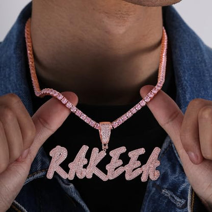 Lulu Mel Iced Out Personalized Cursive Name Necklace For Trendy Women, Custom Handmade Nameplate Pendant With Cuban Link Chain, White Gold Plated Hip Hop CZ Diamond Jewelry Gifts - color: Rose Gold