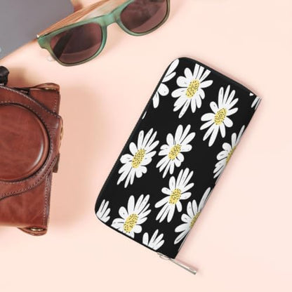 Daisy Flowers PU Leather Long Wallet for Women Men, Zipper Clutch Wallet RFID Card Holder Organizer - color: Daisy Flowers