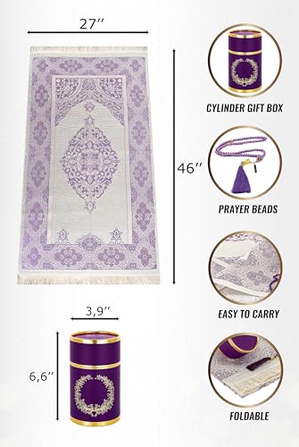 ihvan online Muslim Prayer Rug and Prayer Beads with Elegant Design Cylinder Gift Box, Janamaz, Soft Sajadah, Islamic Gifts Set, Portable Prayers Carpet Mat, Taffeta Fabric, Purple - color: Purple