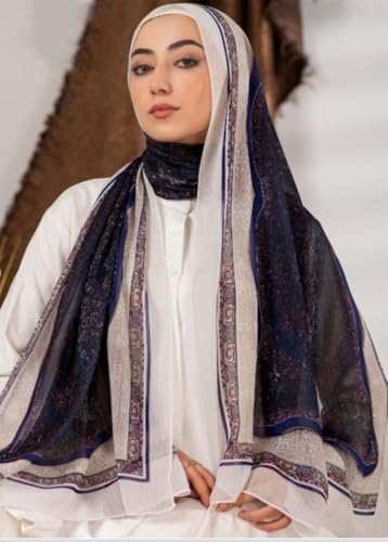 Hijab Modest and Elegant | Beautifully Designed Printed Chiffon Patterns | Muslim Women Head Scarf and Veil - color: Blue D