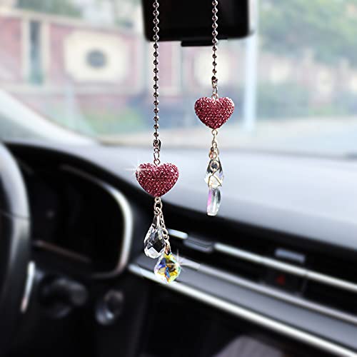 Love Crystal Car Accessories for Women - Hanging Mirror Charms, Cute Rear View Ornament, Interior Decor Pendant for Anniversary (Pink) - color: Dark Pink