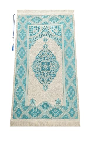 ihvan online Muslim Prayer Rug with 99 Beads Tasbih, Soft Chenille Sajadah, Lightweight & Foldable Janamaz, Portable Travel Prayer Mat, Islamic Gift for Eid, Ramadan, Hajj & Umrah, Turquoise - color: Turquoise