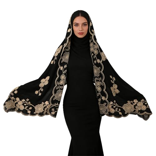 OhMill Black Hijab Scarf Soft Floral Embroidered Chiffon Headscarf Lightweight Lace Scarves Long Shawl Wrap for Women Wedding - color: Flower 1