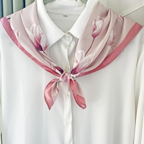 FONYVE Silk Feeling Scarf Medium Square Satin Head Scarf for Women 27.5 × 27.5 inches - color: 03 Pink Floral