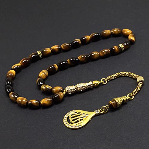 Design -Tiger Eye Stone Series Worry Beads - Prayer Beads (8 mm-33 Beads) Tesbih-Tasbih-Tasbeeh-Misbaha-Masbaha-Subha-Sebha-Sibha-Rosary (-Oval Cut Gold Model 6x9 mm-) - color: -Oval Cut Gold Model 6x9 mm-