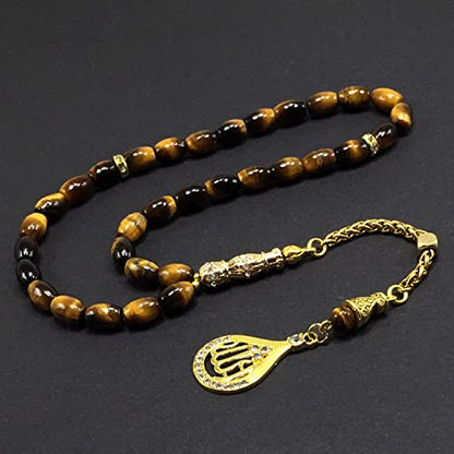 Design -Tiger Eye Stone Series Worry Beads - Prayer Beads (8 mm-33 Beads) Tesbih-Tasbih-Tasbeeh-Misbaha-Masbaha-Subha-Sebha-Sibha-Rosary (-Oval Cut Gold Model 6x9 mm-) - color: -Oval Cut Gold Model 6x9 mm-