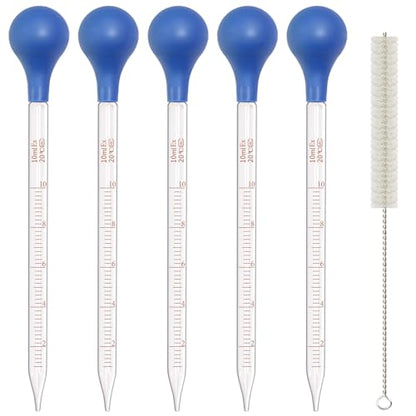5 Pack 10ml Glass Pipette Dropper Lab Graduated Dropper Glass Liquid Pipette with 1 Pc Cleaning Brush for Liquid Essential Oil, Lab Dropper Pipettes Transfer with Rubber Cap - size: 5x 10ml