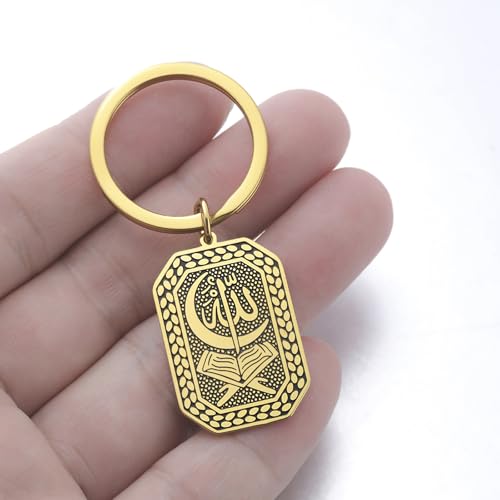 VASSAGO Stainless Steel Muslim Keychain Double Sided Islamic Crescent Star Allah Calligraphy Key Ring Religious Ramadan Gift - color: Gold