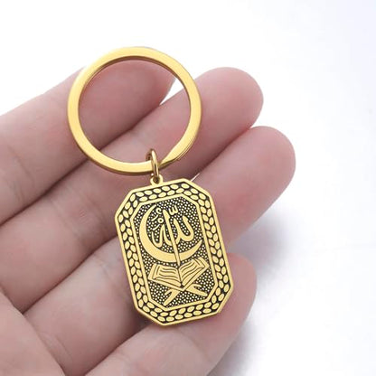 VASSAGO Stainless Steel Muslim Keychain Double Sided Islamic Crescent Star Allah Calligraphy Key Ring Religious Ramadan Gift - color: Gold