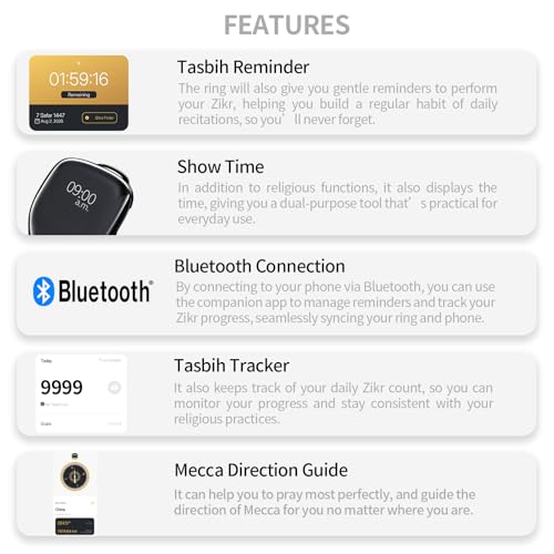 XG.&co Zikr Smart Ring,Adjustable Ring Finger Counter, Tasbeeh Counters, Prayer Direction Indicator Guide,5 Azan Alarm Clock, APP Support Eid al-Fitr Eid Muslims (Black Faith+) - style: Black 16 18 20 22 24mm