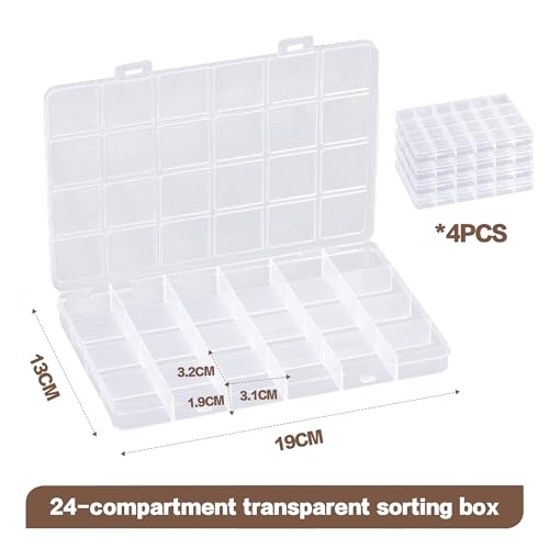 4-piece 24-grid transparent sorting box, used for small parts, jewelry storage box, for earrings, beads, storage, office supplies, Lego plastic, fishing tackle and bait box