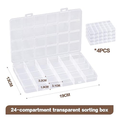 4-piece 24-grid transparent sorting box, used for small parts, jewelry storage box, for earrings, beads, storage, office supplies, Lego plastic, fishing tackle and bait box