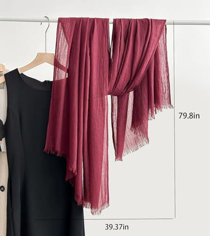 Solid color cotton and linen scarf, wrinkled all season versatile long sunscreen fashionable shawl - color: Jujube Red