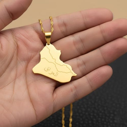 Iraq Map Flag Pendant Necklace for Women and Men – Stainless Steel Allah Name Iraq Map Pendant Necklaces - Meaningful Iraq Jewelry Gift - color: Gold 2