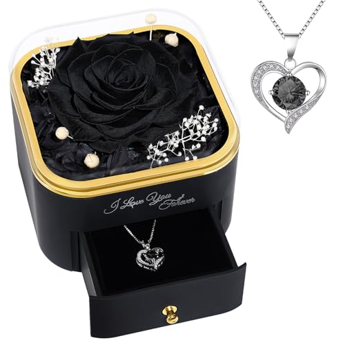 Beferr Birthday Gifts for Women Preserved Real Rose with Necklace Eternal Roses Forever Flowers for Delivery Anniversary Mothers Gifts for Mom Her Grandma Wife Sister from Daughter Son - color: Black