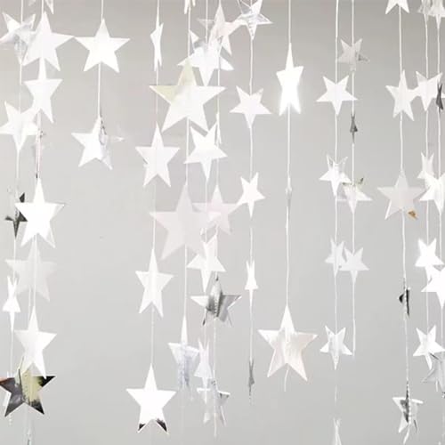 Yzurbu Silver Star Garland, 78 Feet Double Side Hanging Sparkly Paper Star Banner Decorations for Birthday Wedding Engagement Baby Shower Christmas Thanksgiving Halloween - size: Silver - 78 Feet