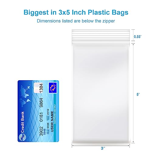 3''x 5'', (Pack of 200) 2 mil Thick Clear Plastic Reclosable Zip Poly Bags with Resealable Lock Seal Zipper for Photo, Jewelry, Bakery, Treats, Travel, Storage, Packaging & Shipping - size: 3" x 5"