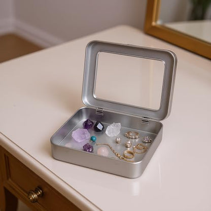 Rectangle Metal Tins with Hinged Window Lids, Silver, 24 Pieces | Hinged Window Lids, Mini Storage Organizer Set, For Home Kitchen, Office and School Supplies - color: Silver