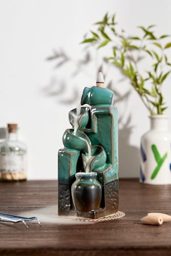 Unique Cascading Basins Ceramic Waterfall Incense Holder, Paired with a Pack of Backflow Incense Cones. (Blue) - color: Blue