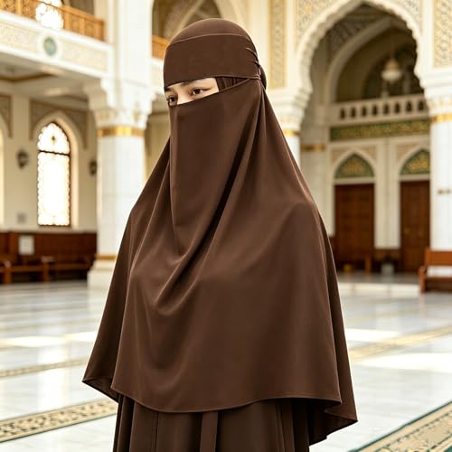 Single Layer Niqab, Soft Chiffon Muslim Veil Face Cover, One Layer Nose Piece, Hijab Prayer Face Mask for Women Men - color: Brown_b