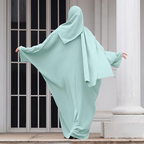 IDOPIP Abayas for Women Muslim Dress with Hijab, One-Piece Long Sleeve Islamic Prayer Dress with Khimar Jilbab Kaftan Clothes - color: Green + Hijab