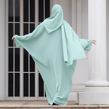 IDOPIP Abayas for Women Muslim Dress with Hijab, One-Piece Long Sleeve Islamic Prayer Dress with Khimar Jilbab Kaftan Clothes - color: Green + Hijab