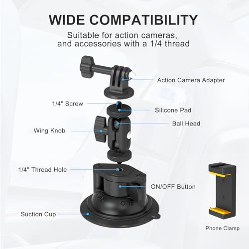 MINIFOCUS Suction Cup Camera Mount with Phone Holder, Car Camera Mount with Ball Head Magic Arm for Windshield Dash Compatible with GoPro Hero 11/10/9, DJI Osmo Action/Procket, Insta360 X5/4/3 - style: S1026