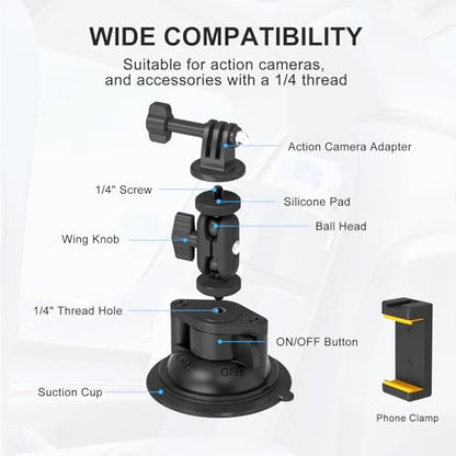 MINIFOCUS Suction Cup Camera Mount with Phone Holder, Car Camera Mount with Ball Head Magic Arm for Windshield Dash Compatible with GoPro Hero 11/10/9, DJI Osmo Action/Procket, Insta360 X5/4/3 - style: S1026