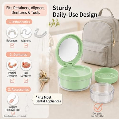 Retainer Soaking Case with Drain Basket, Leak-Proof Denture Bath Box with Magnetic Lid, Portable Cleaning Container for Aligners, Mouth Guard & Night Guard (Green) - color: Green