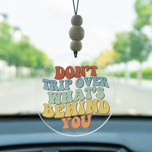 Talataca Don't Trip Over What's Behind You 2D Flat Car Ornament & Wood Beads, Inspirational Positive Quote Beaded Rear View Mirror Accessories, Retro Rearview Hanging Charm, Christmas Tree Decor - color: 42