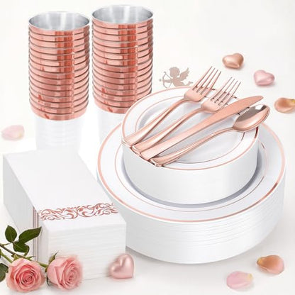 Supernal 200pcs Rose Gold Plastic Dinnerware included Disposable Flatware& Plastic Party Plates Disaposable Cups and Napkins,Perfect for Valentine's Day Mother's Day and Easter - color: 200pcs White and Rose Gold Plastic Dinnerware