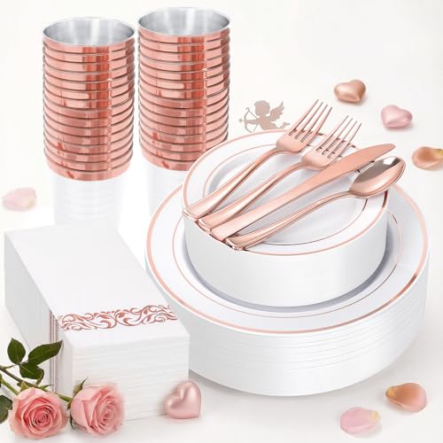 Supernal Rose Gold Plastic Dinnerware Set for 25 for Wedding Party - color: 200pcs White and Rose Gold Plastic Dinnerware