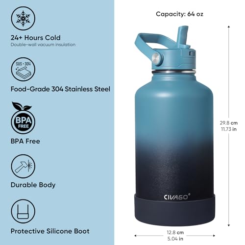 CIVAGO 64 oz Insulated Stainless Steel Water Bottle with Detachable Straw, Large Half Gallon Water Jug with Bucket Handle, Big Metal Leakproof Flask with Silicone Boot, Dishwasher Safe, Indigo Black - color: .Indigo Black, size: 64 Ounces