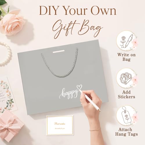 ANZNKU 2PCS Gray & Beige Gift Bags Medium, Gift Wrap Bags with Handles 4 Tissue Paper 2 Ribbons 2 Cards, Wedding Favor Present Bag for Women Graduation Birthday Party Bridal & Baby Shower Engagement - color: Beige+Gray