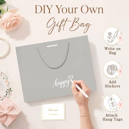 ANZNKU 2PCS Gray Gift Bags Medium for Women & Men, Gift Bags with Handles 4 Tissue Paper 2 Ribbons 2 Cards for Wedding Birthday Bridal Baby Shower Graduation Engagement Party Favors Present Wrap Set - color: Cloudy Gray