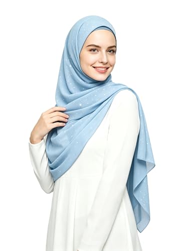 Lina & Lily Sparkle Shimmer Gold Glitter Women's Chiffon Hijab Head Scarf Shawl Wrap Lightweight - color: Pastel Blue