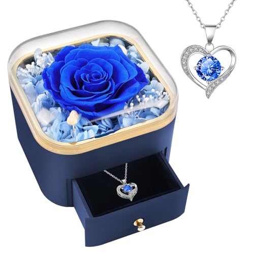 Beferr Gifts for Mom Preserved Real Blue Rose with Necklace Eternal Roses Forever Flowers for Delivery Anniversary Birthday Mothers Day Flower Gifts for Women Her Grandma Wife Daughter Girlfriend - color: B Dark Blue
