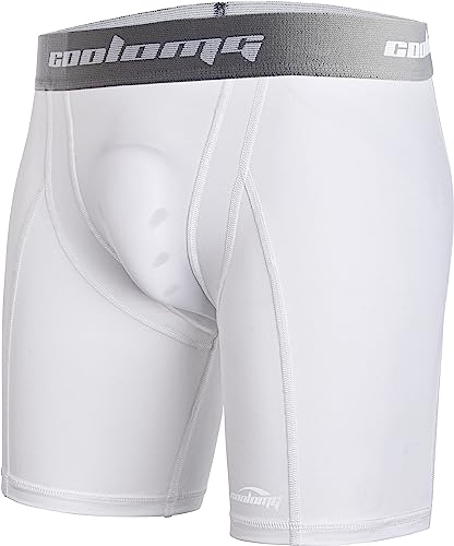 COOLOMG Men Compression Shorts with Cup Pocket Sliding Underwear for Baseball Football Lacrosse, NO Cup - color: White, size: X-Large