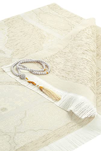 ihvan online Muslim Prayer Rug with 99 Beads Tasbih, Soft Chenille Sajadah, Lightweight & Foldable Janamaz, Portable Travel Prayer Mat, Islamic Gift for Eid, Ramadan, Hajj & Umrah, Cream - color: Cream