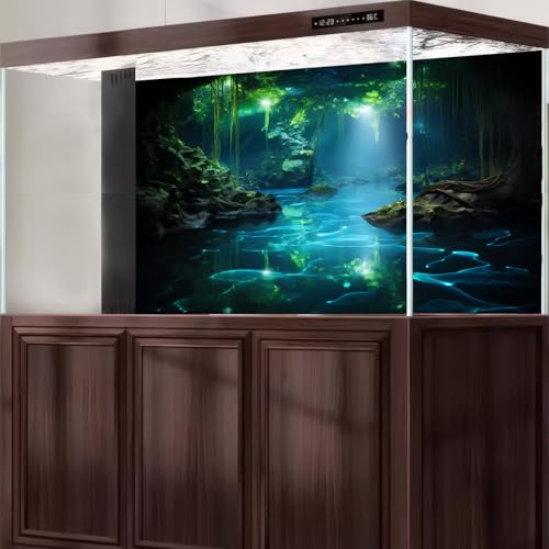 Fantasy Underwater Cave Aquarium Background Light Beam Crystal Clear Water Fish Tank Background Tropical Green Plants Undersea Cave Terrarium Backgrounds Misty Jungle Reptile Tank Backgrounds 24x16in - color: Black_Green, size: 24(W)x16(H)in