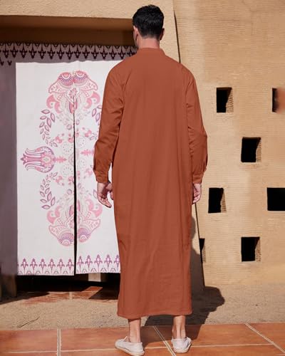 YAOHUOLE Muslim Thobe for Men Button down Mens Caftans Big and Tall Mens Arab Thobe with Pocket - color: Brick Red, size: XX-Large