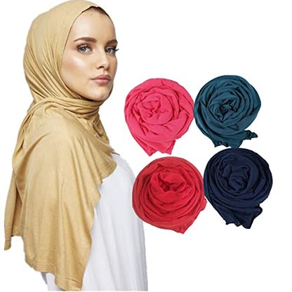 KXY 4 Pieces Stretchy Soft Cotton Shawl Long Jersey Scarf for Women Muslim Plain Wrap Hijab Head Scarf - color: Rose + Halcyon + Red + Dark Blue