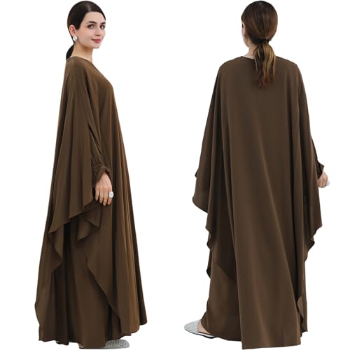 2PCS Women's Muslim Abaya Dress Lace Cuffs Islamic Dubai Prayer Robe Smooth Flowy Muslim Women Clothes - color: Coffee, size: Medium