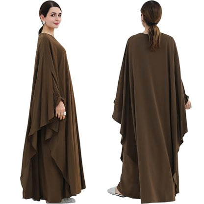 2PCS Women's Muslim Abaya Dress Lace Cuffs Islamic Dubai Prayer Robe Smooth Flowy Muslim Women Clothes - color: Coffee, size: Medium
