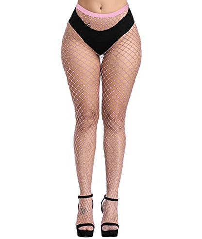E-Laurels Womens High Waist Patterned Fishnet Tights Suspenders Pantyhose Thigh High Stockings Black - color: Pink L_hole