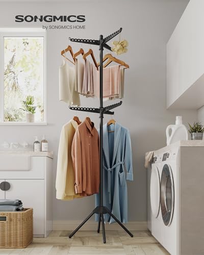 SONGMICS 2단 의류 건조대, 190cm(75.2인치) 접이식 세탁 건조대, 행거용 6개의 회전 가능한 암, 스테인리스 스틸, 옷 54개, 블랙 ULLR514B01 - color: 블랙., style: 2단 행