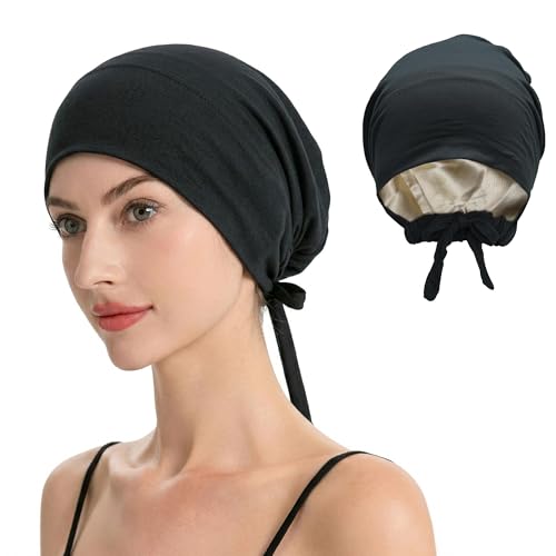 ZLYC Satin Lined Hijab Cap for Women Tie Back Undercap Underscarf Hat - color: Solid Dark Gray