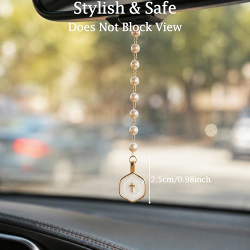 Steering Wheel Charm, Adjustable Car Rosary for Rearview Mirror, Pearl Chain with Cross Pendant Steering Wheel Rosary Protection Charm Decor, White